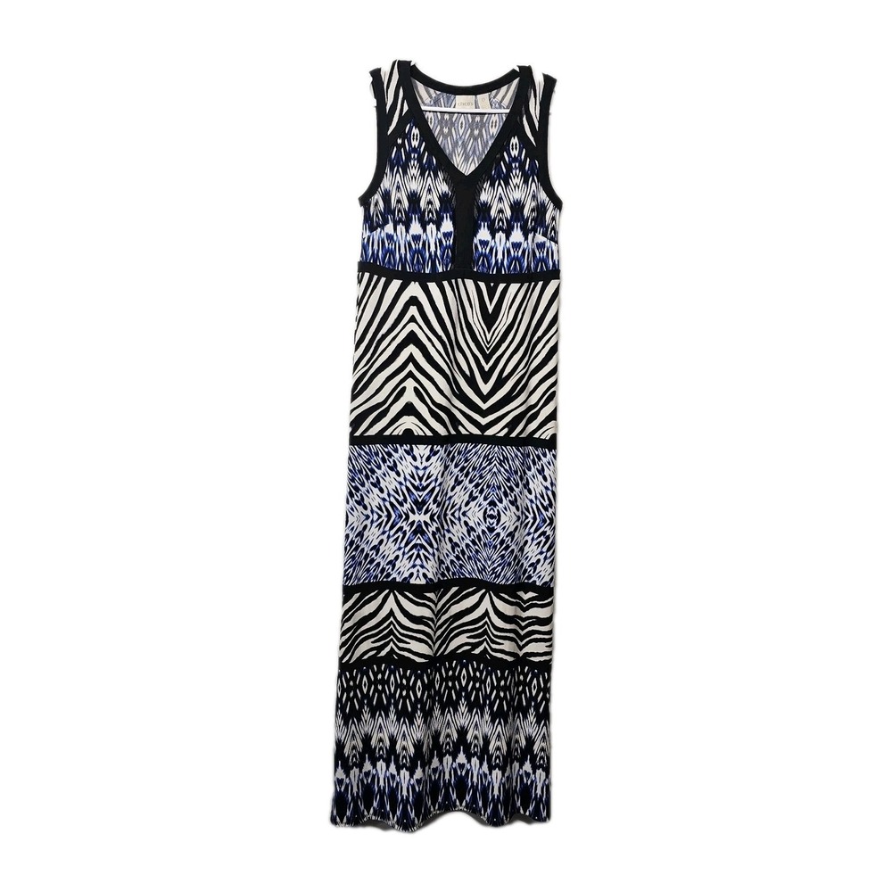 Chicos Sz 0 Small Blue Black Kit Ikat Print‎ Sleeveless Jersey Maxi Dress V Neck